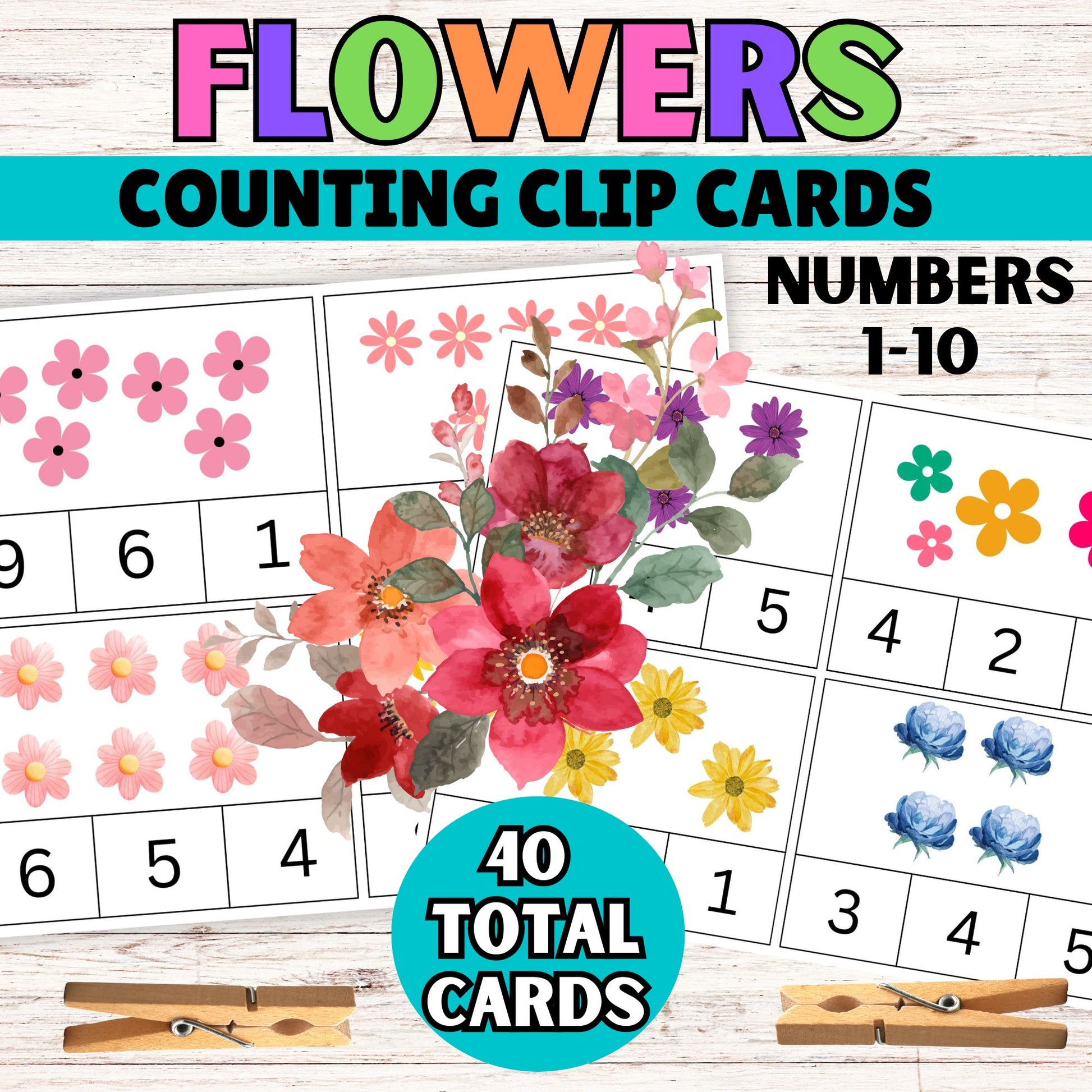 Flower Counting Clip Cards- Flower Themed Counting Mat for Kids  