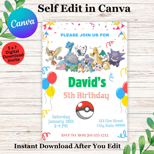 Kids Pokemon Birthday Invitation Template - Editable Pokemon Birthday Invite in Canva 