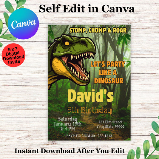 Boys Dinosaur Personalized Birthday Invitation Template - Editable Dinosaur Invite in Canva