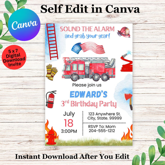Boys Fireman Firetruck Birthday Invitation Template - Editable Firetruck Birthday Invite in Canva