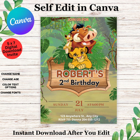 Lion King Birthday Invitation Template for Kids - Editable Lion King Invite in Canva  