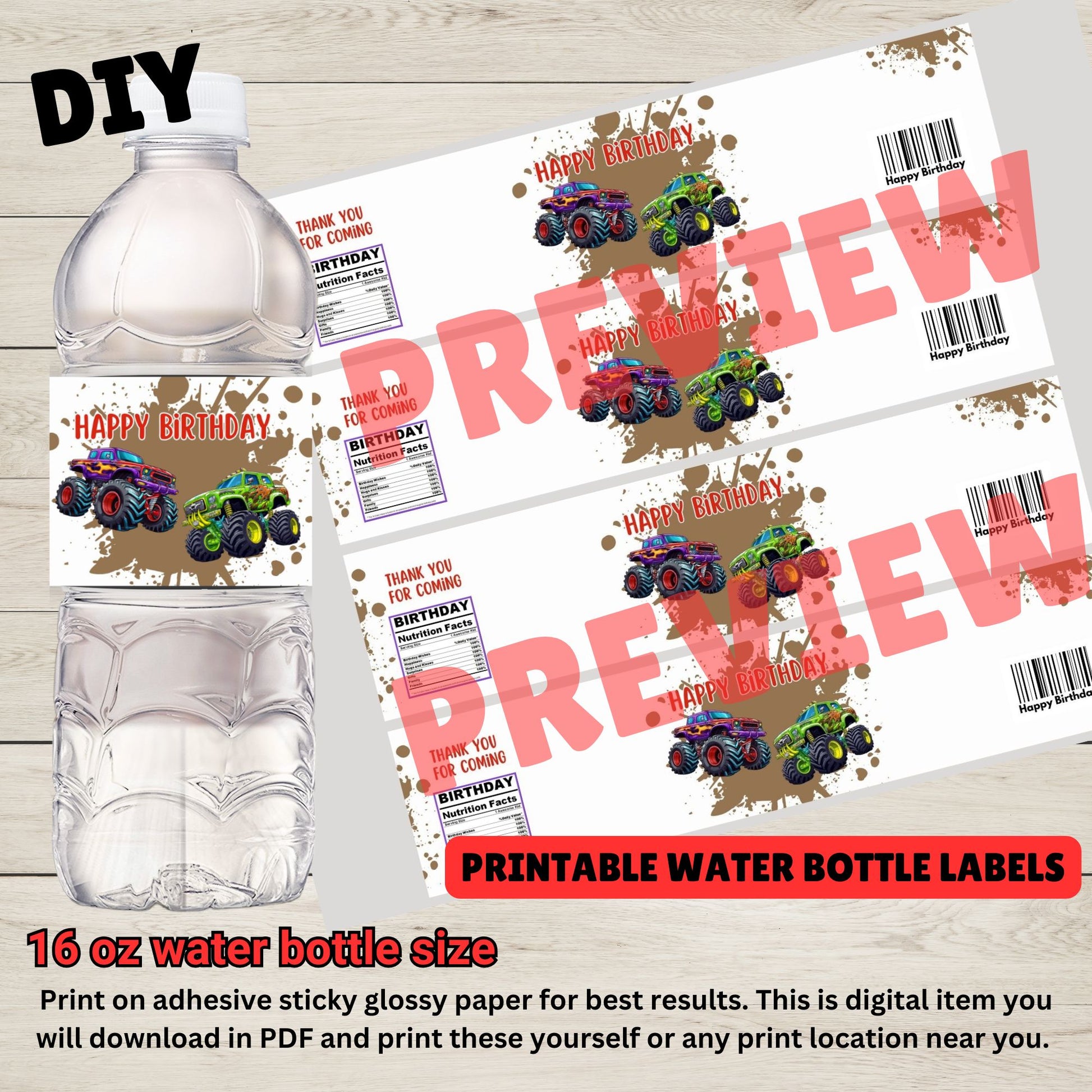 monster truck birthday water bottle labels 