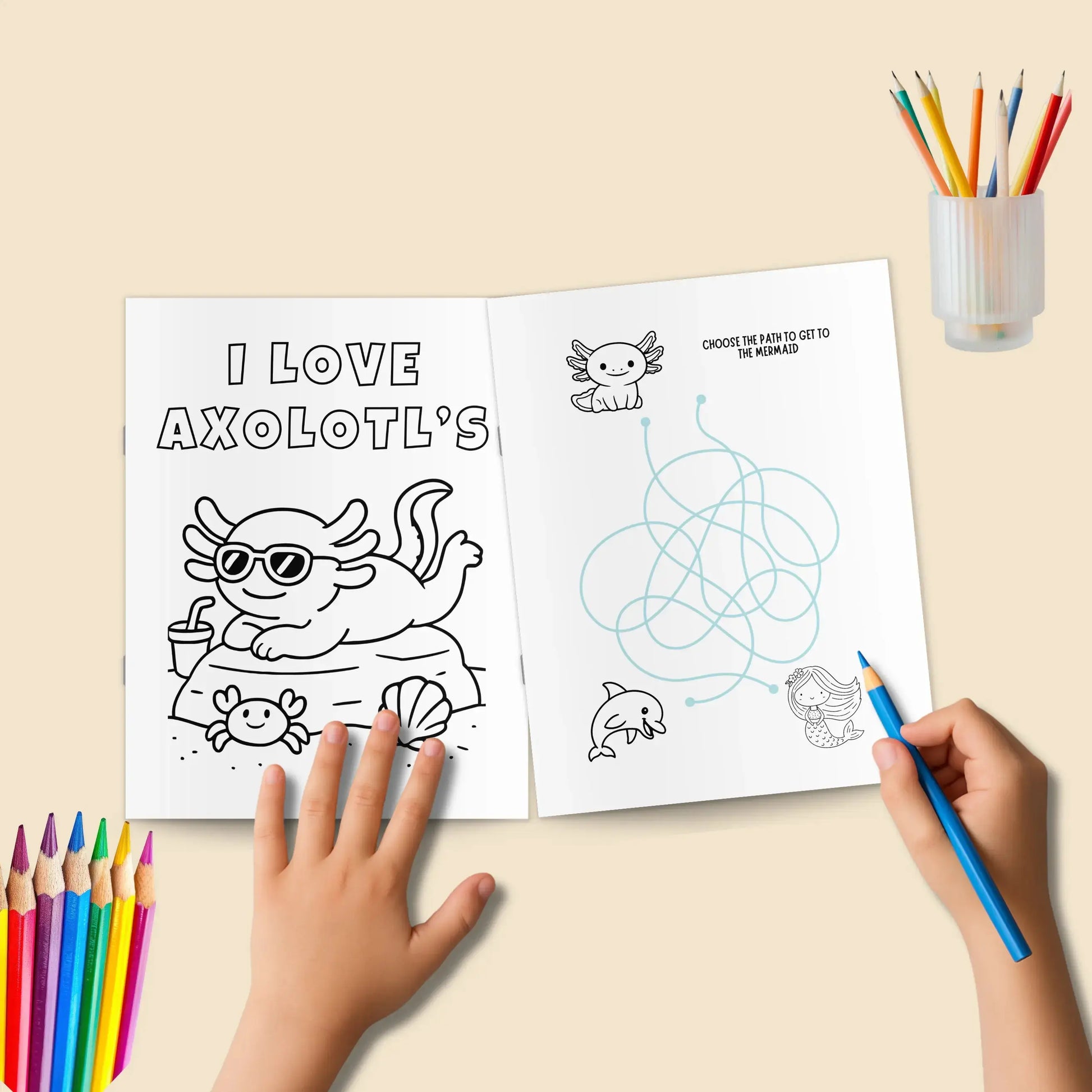 "Close up of a cute axolotl coloring page with bubbles and underwater plants for elementary school students."
