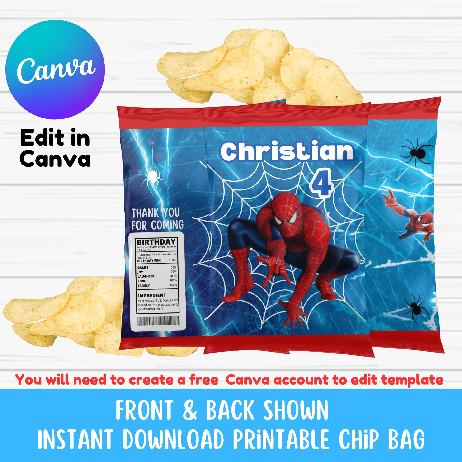 Spiderman Birthday Chip Bag Template - Spiderman Birthday Party Editable in Canva 