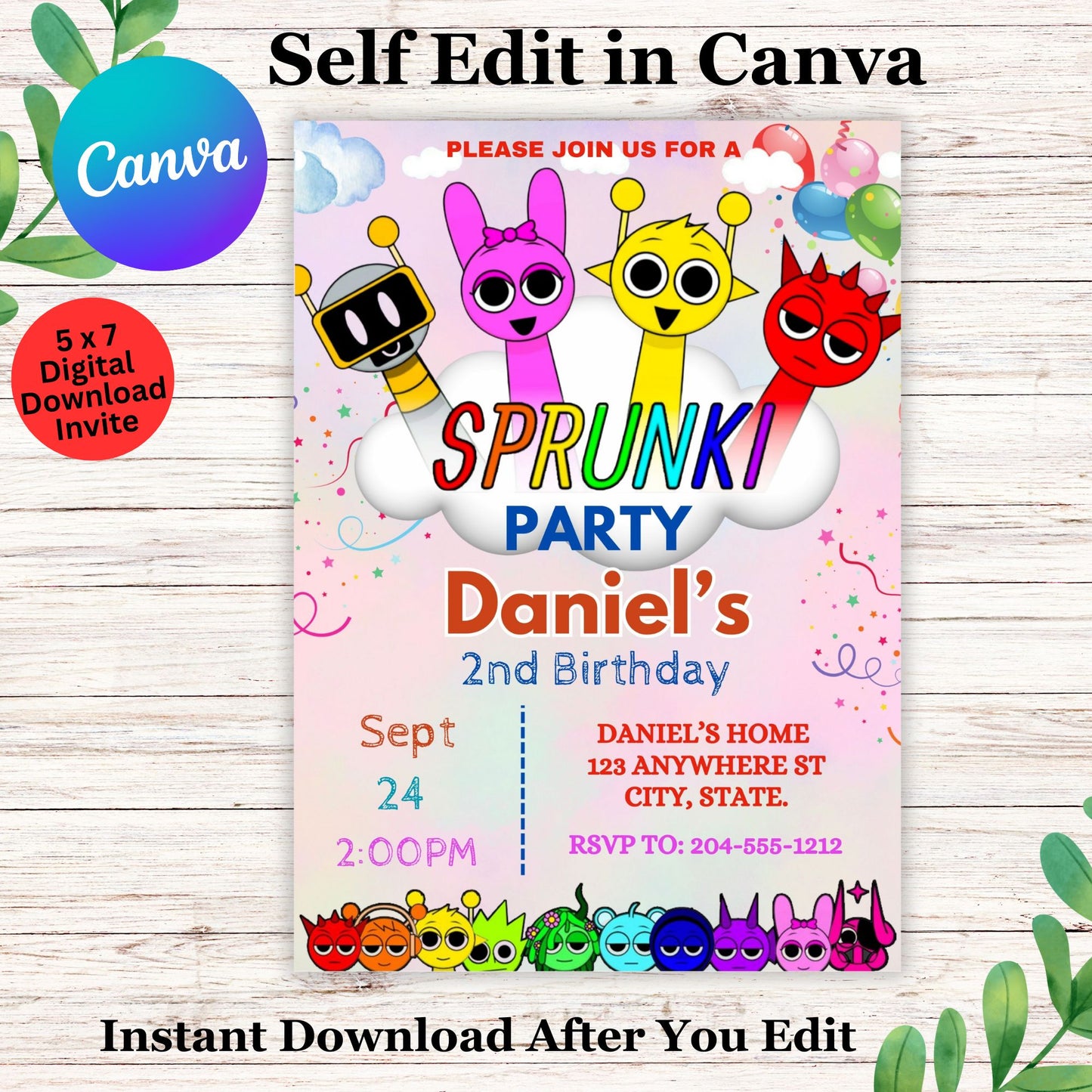 Sprunki Kids Birthday Invitation Template - Editable Sprunki Birthday Invitation in Canva