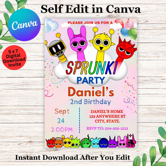 Sprunki Kids Birthday Invitation Template - Editable Sprunki Birthday Invitation in Canva