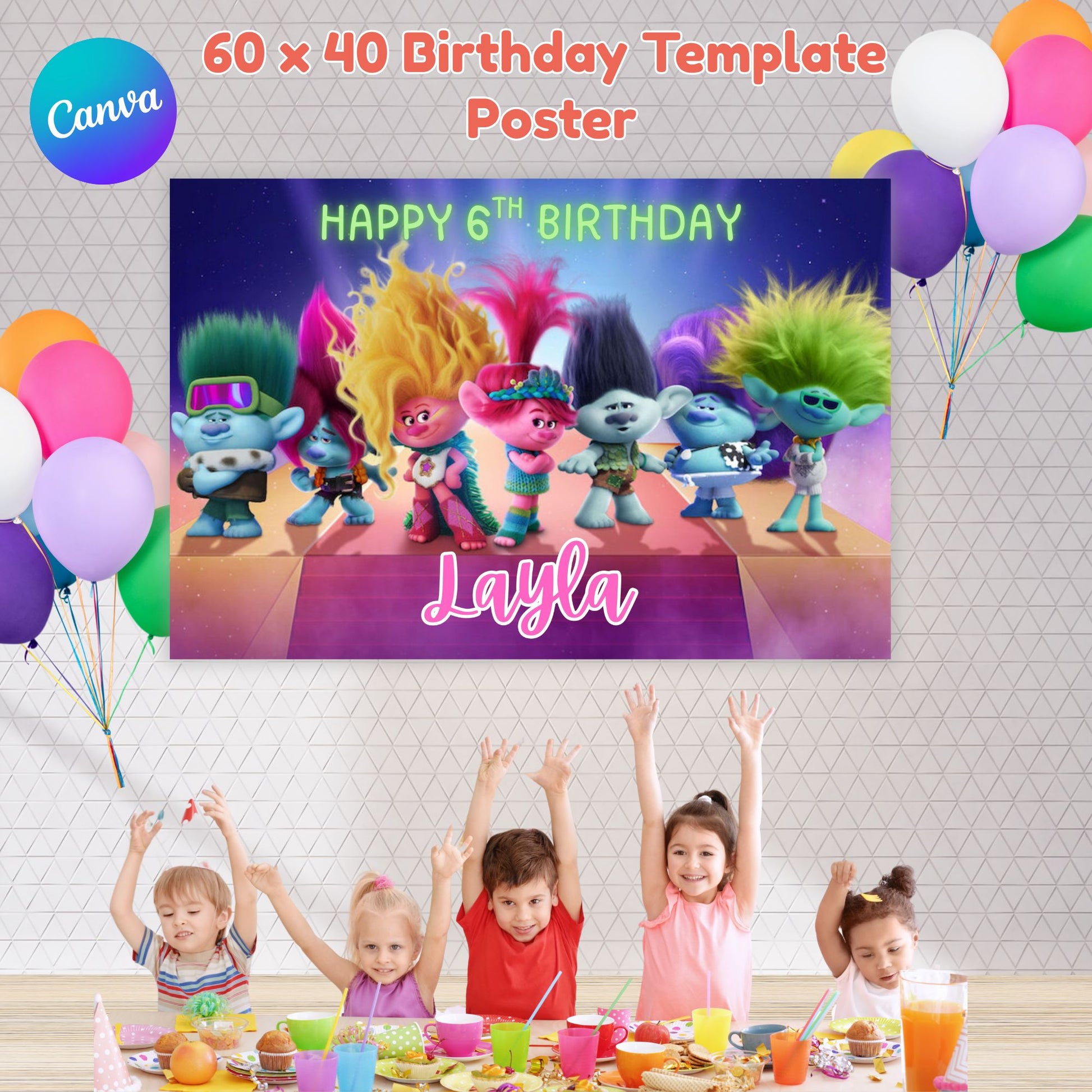Trolls Birthday Backdrop Poster - Editable Trolls Birthday Poster  