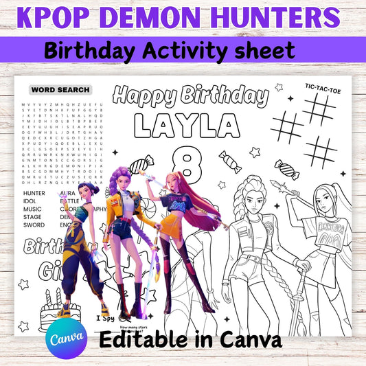 KPOP Demond Hunters Birthday Activity Sheet Template - Printable Kpop Birthday Coloring Sheet  