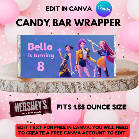 Kpop Demon Hunters Candy Bar Wrapper Template - Editable Kpop Demon Hunters Candy Bar Favor Labels in Canva