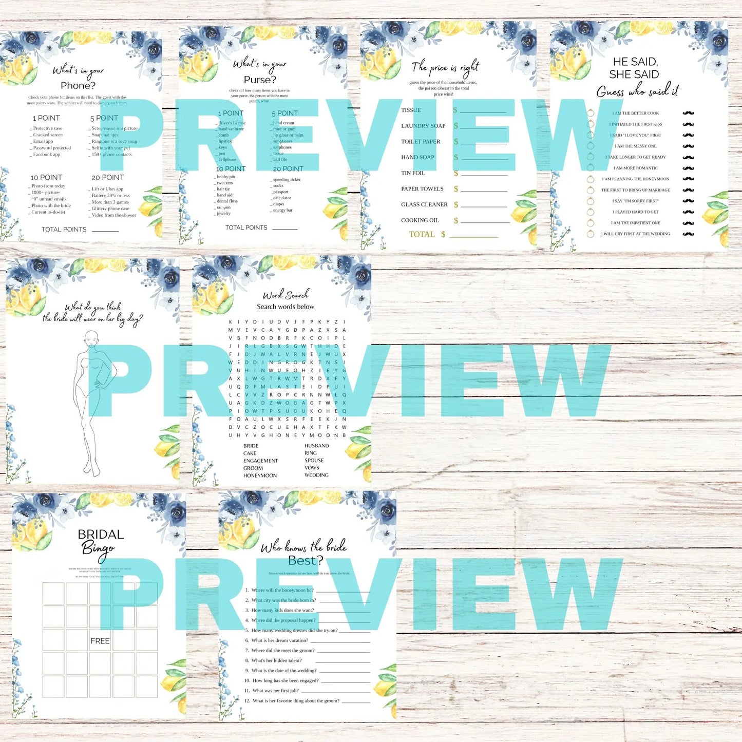 blue lemon floral bridal shower games