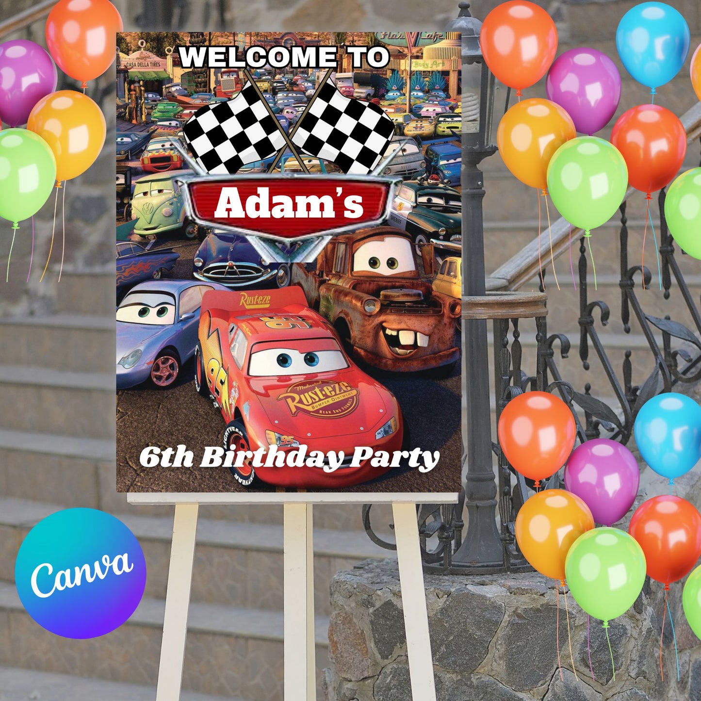 Cars Lightning McQueen Birthday Welcome Poster - Editable Cars Movie Birthday Welcome Sign