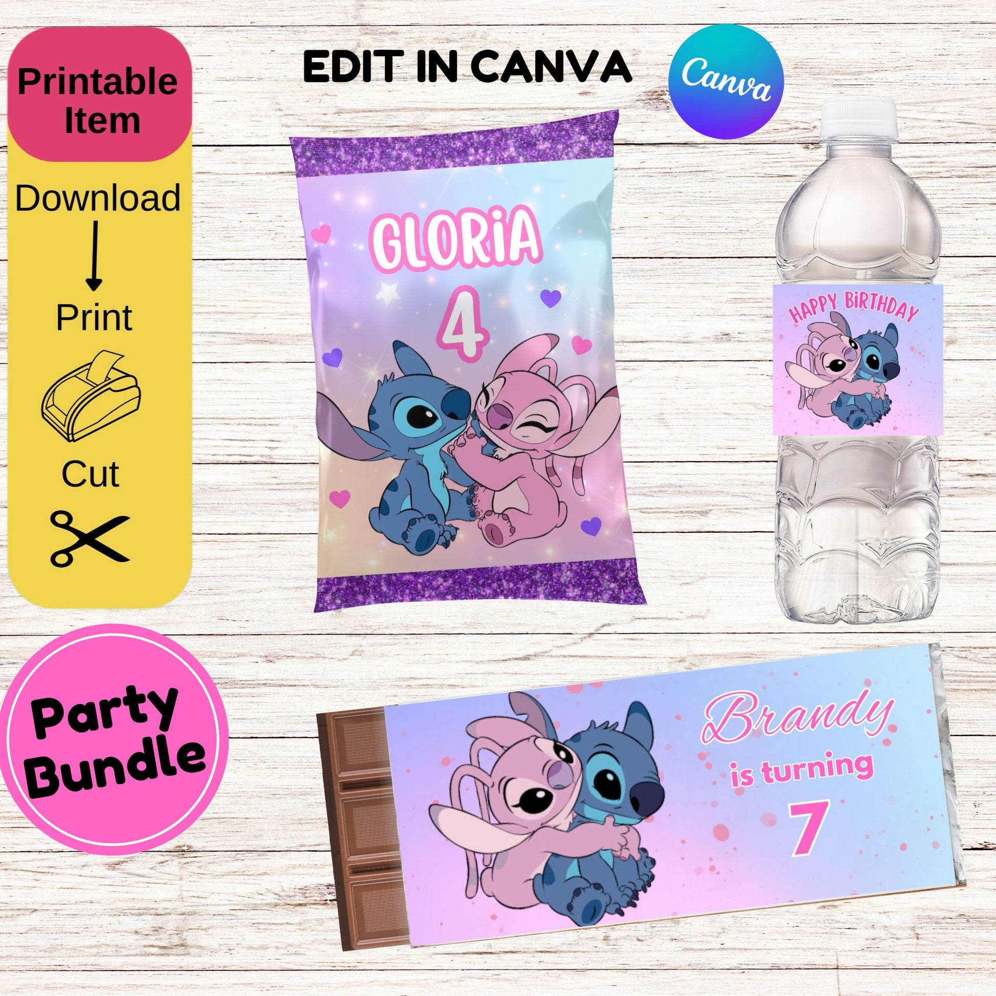 Lilo and Angel Birthday Party Bundle - Lilo Chip Bags - Lilo & Angel Water Bottle Template