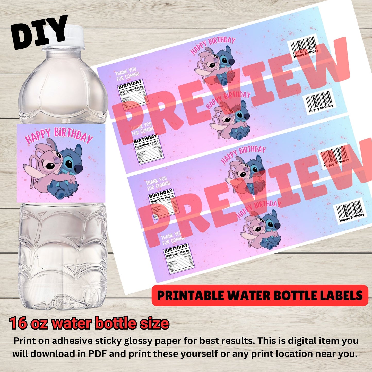 lilo and angel birthday water bottle labels 