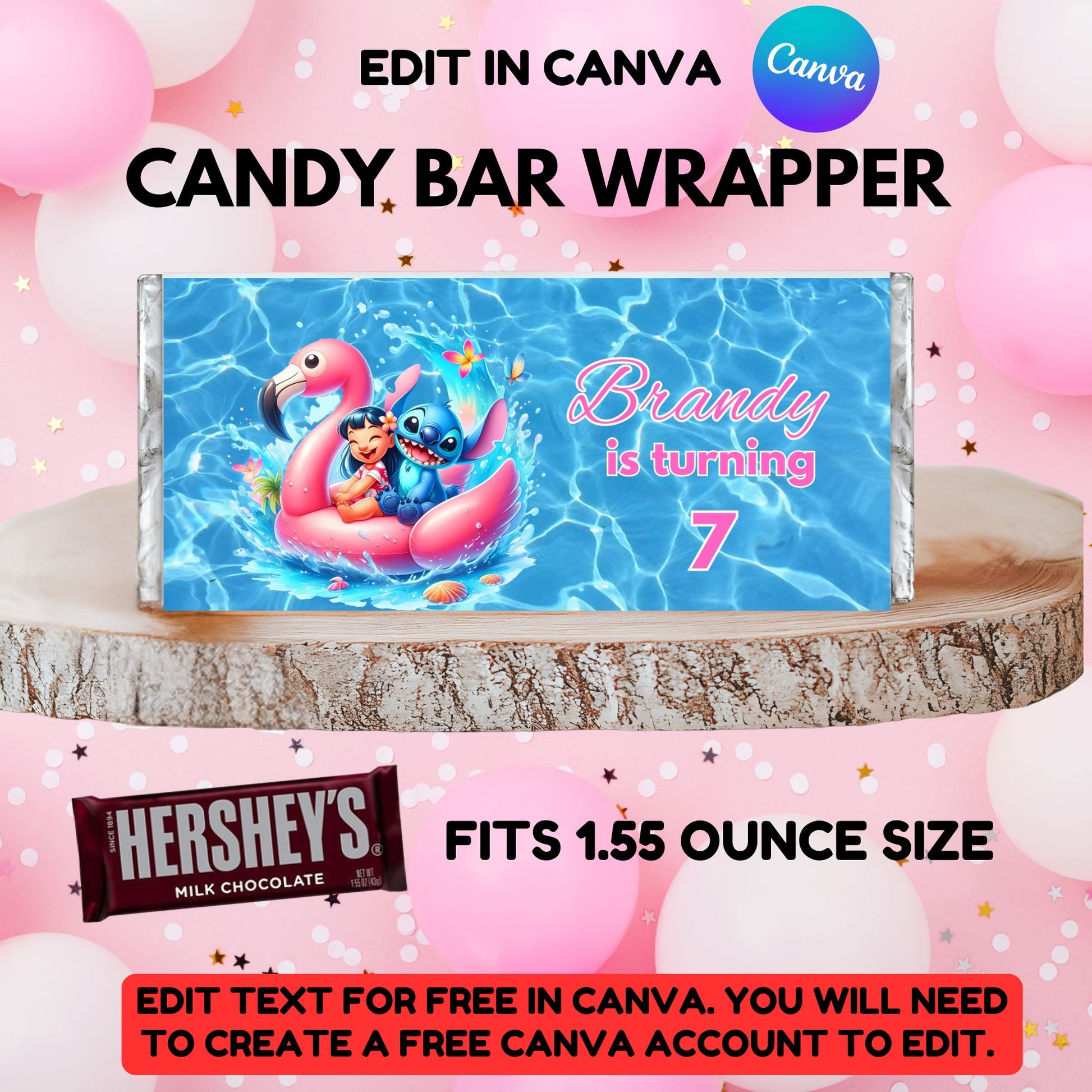 Lilo and Stitch Personalized Birthday Candy Bar Wrapper Template - Lilo and Stitch Pool Party Candy Bar