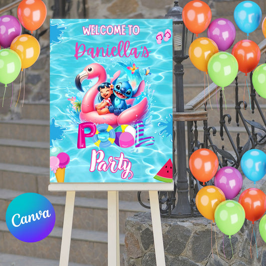 Lilo and Stitch Personalized Welcome Poster Template - Editable Lilo and Stitch Pool Party Sign