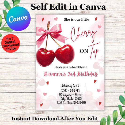 She is our Little Cherry on Top Birthday Invitation Template - Editable Cherry on Top Invite 