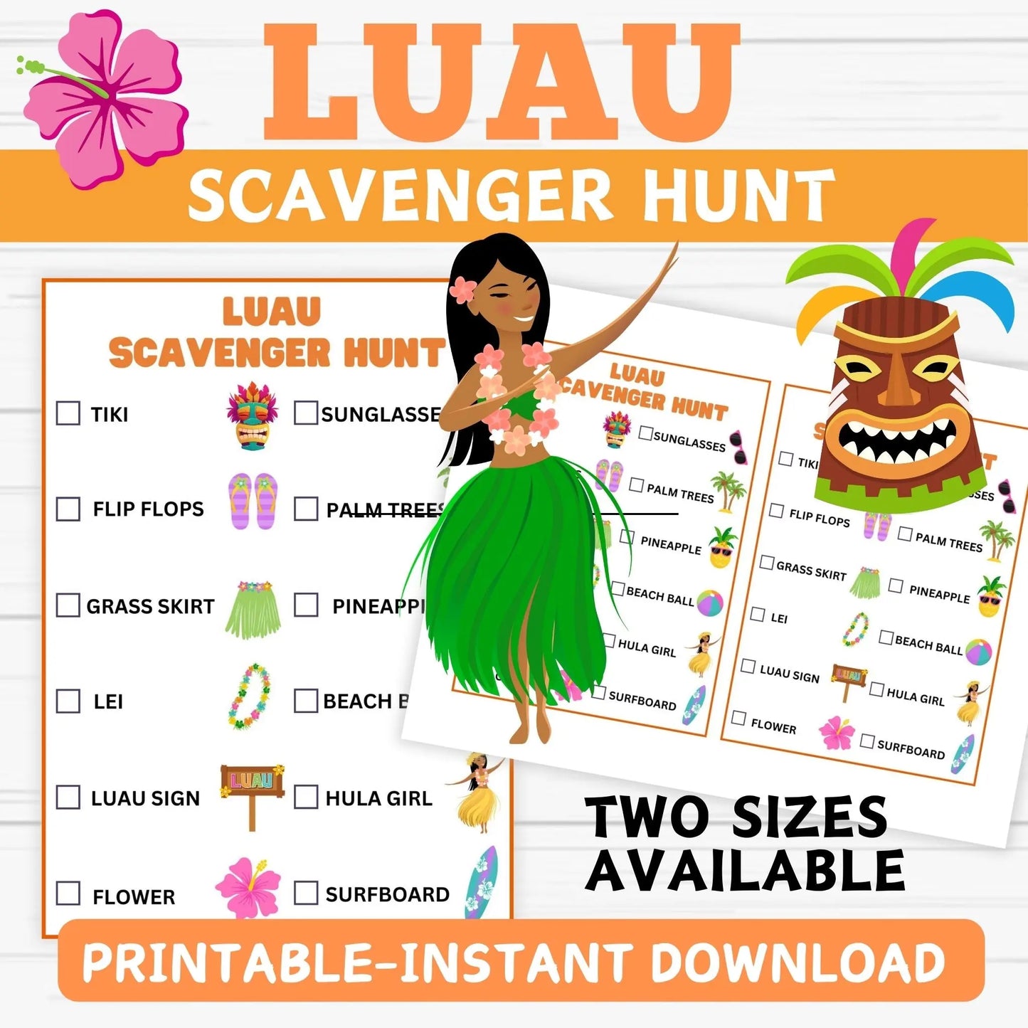  Luau party ideas, Hawaiian scavenger hunt, tropical birthday games, summer printables for kids, aloha party activities.