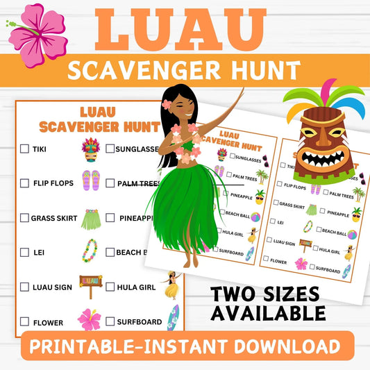  Luau party ideas, Hawaiian scavenger hunt, tropical birthday games, summer printables for kids, aloha party activities.