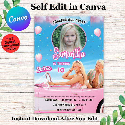 Malibu Barbie Birthday Invitation Template - Barbie and Ken Birthday Invite Editable in Canva
