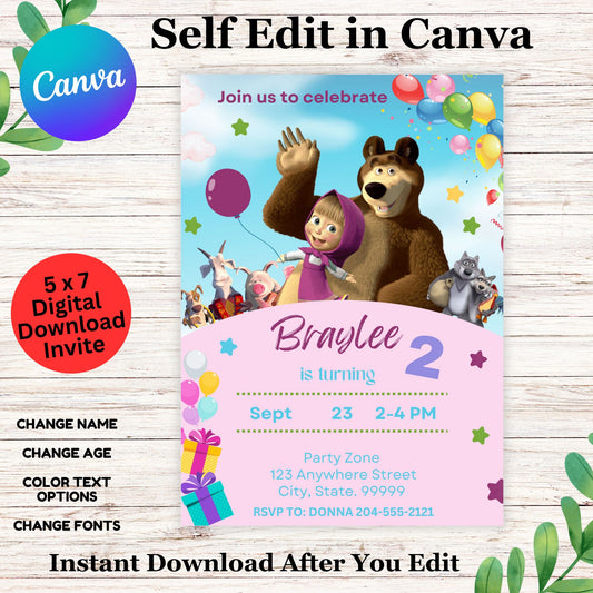 Masha And The Bear Birthday Party Invitation Template - Cute Masha & The Bear Invite Canva 