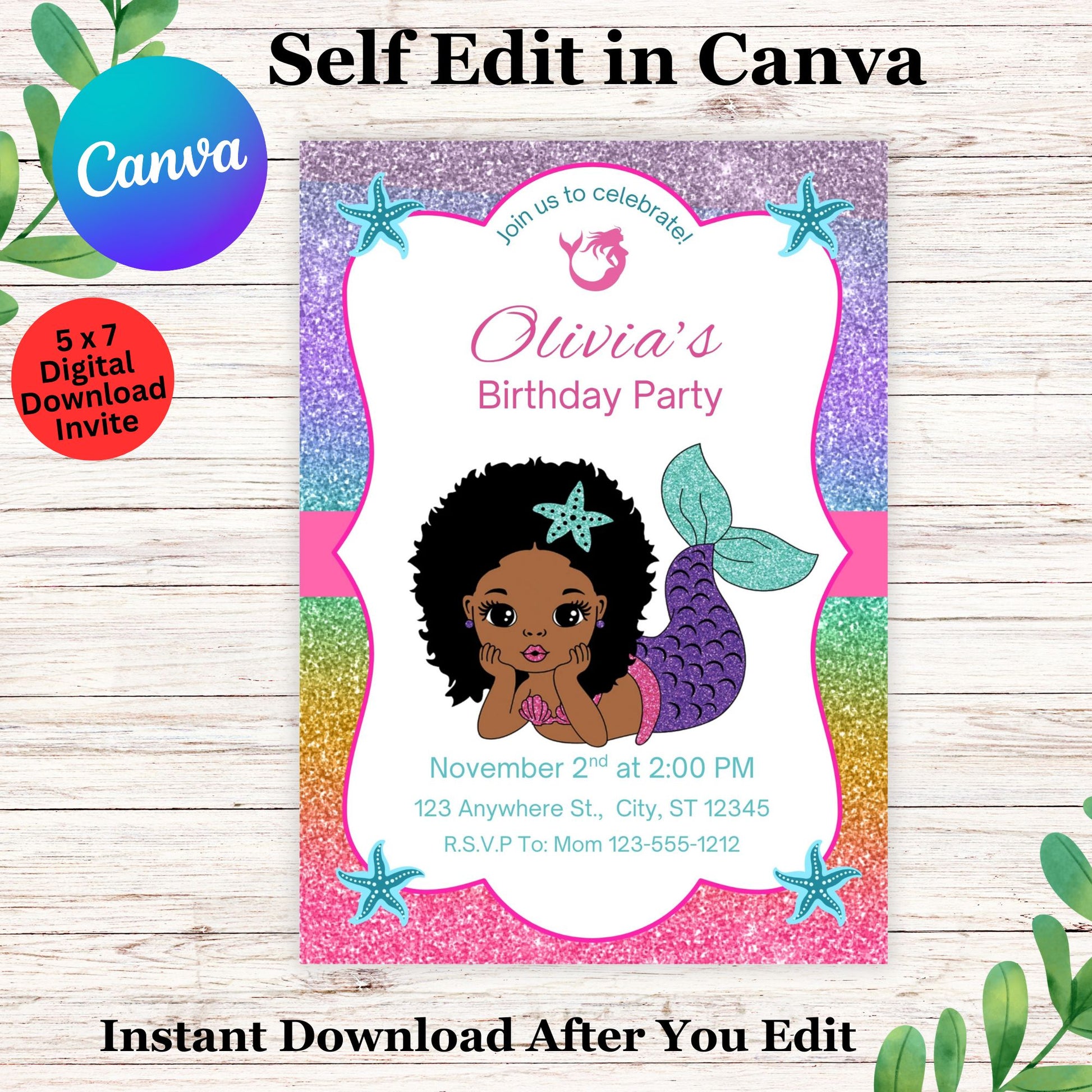 Black Afro Girl Mermaid Birthday Invitation Template - Editable Afro Mermaid Birthday Invite 