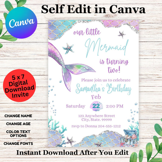 Our Little Mermaid Birthday Invitation Template - Editable Mermaid Birthday Invite in Canva 