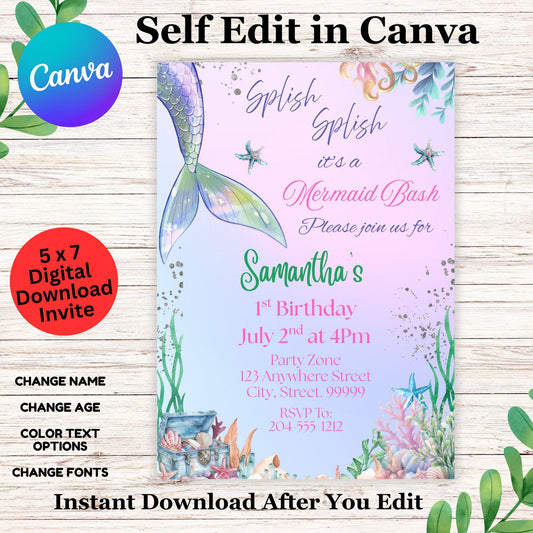 Mermaid Tail Personalized Birthday Invitation Template - Printable Under the Sea Invite 