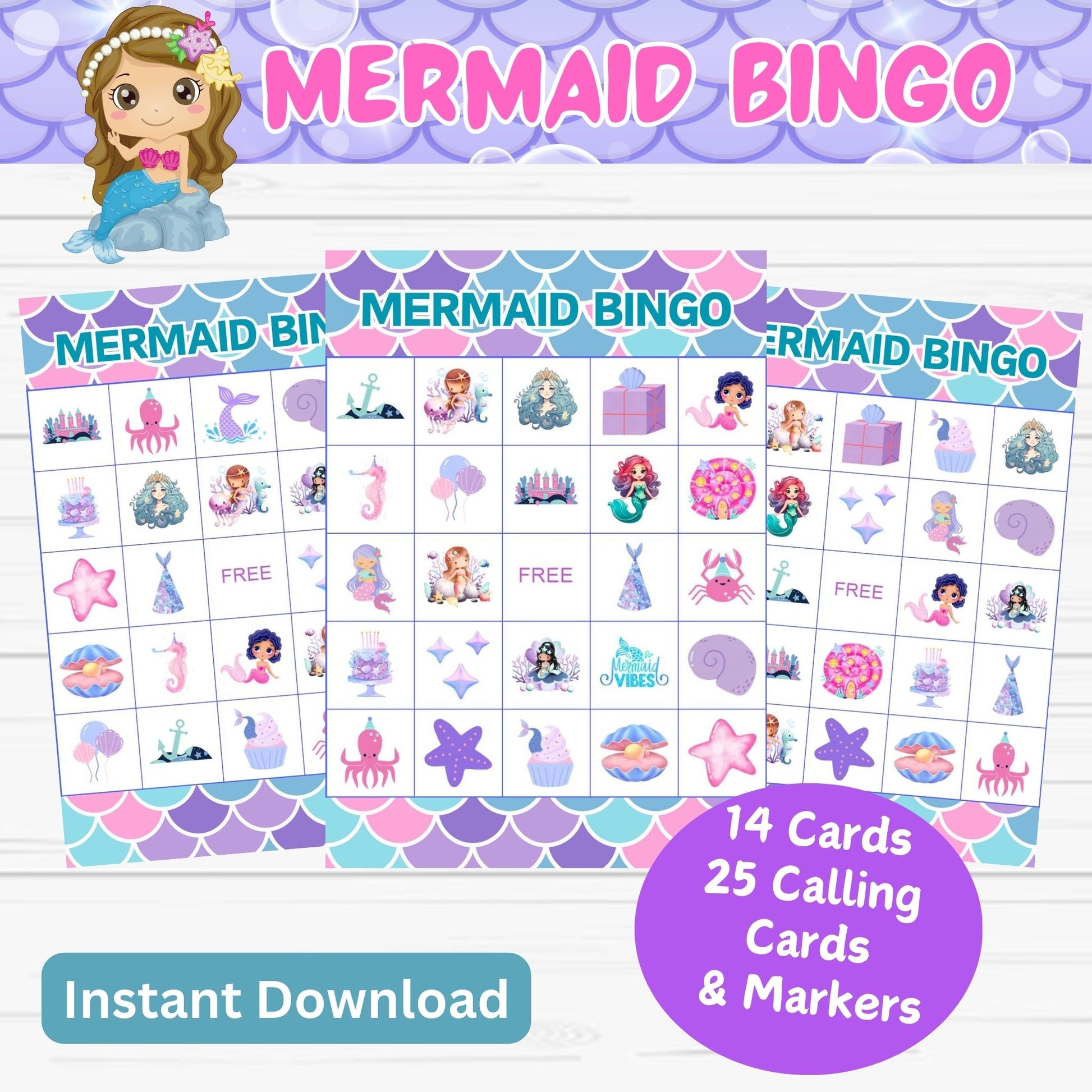 Printable Mermaid Bingo Cards | Ocean Themed Party Game| Game for Kids' Parties