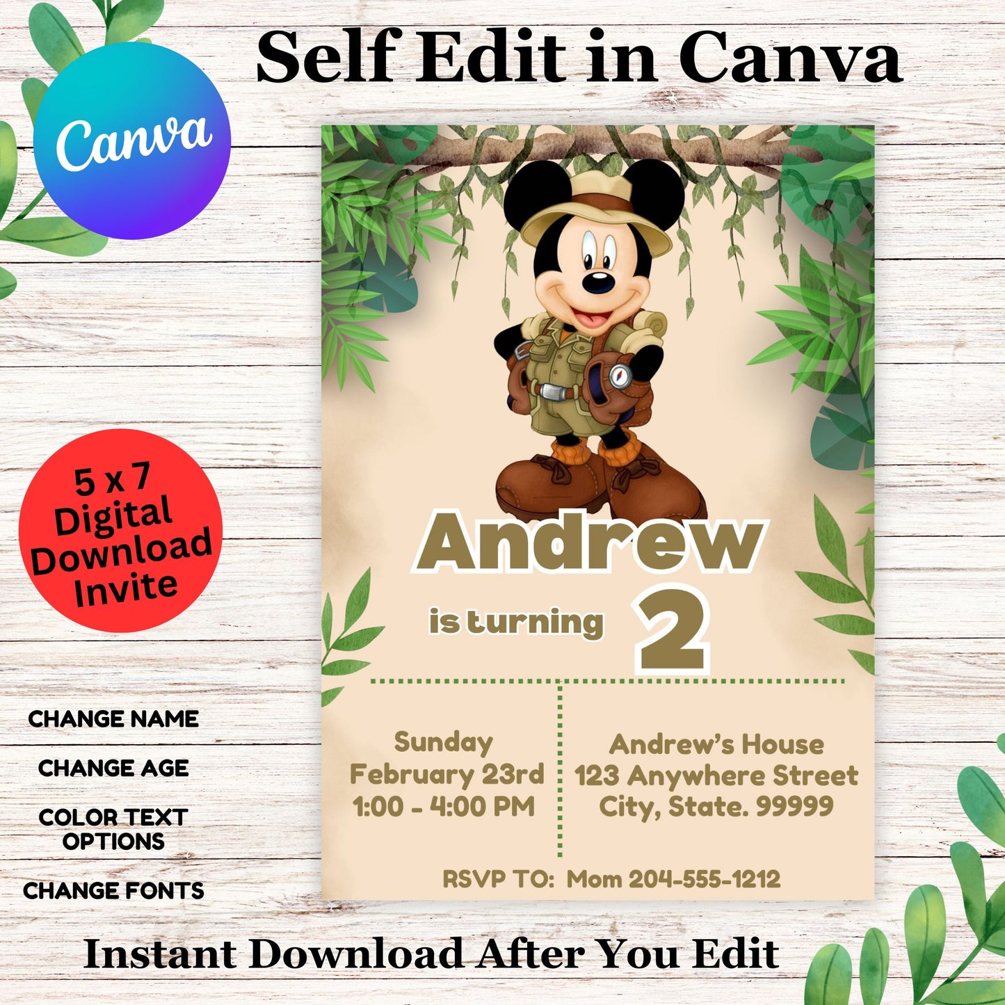 Mickey Mouse Safari Birthday Invitation Template - Printable Mickey Mouse Birthday Invite Editable in Canva