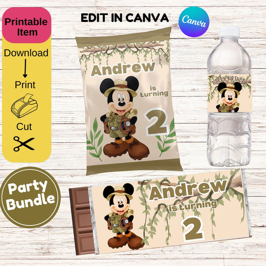 Mickey Mouse Safari Birthday Bundle - Mickey Mouse Birthday Water Bottle - Mickey Mouse Birthday Printables