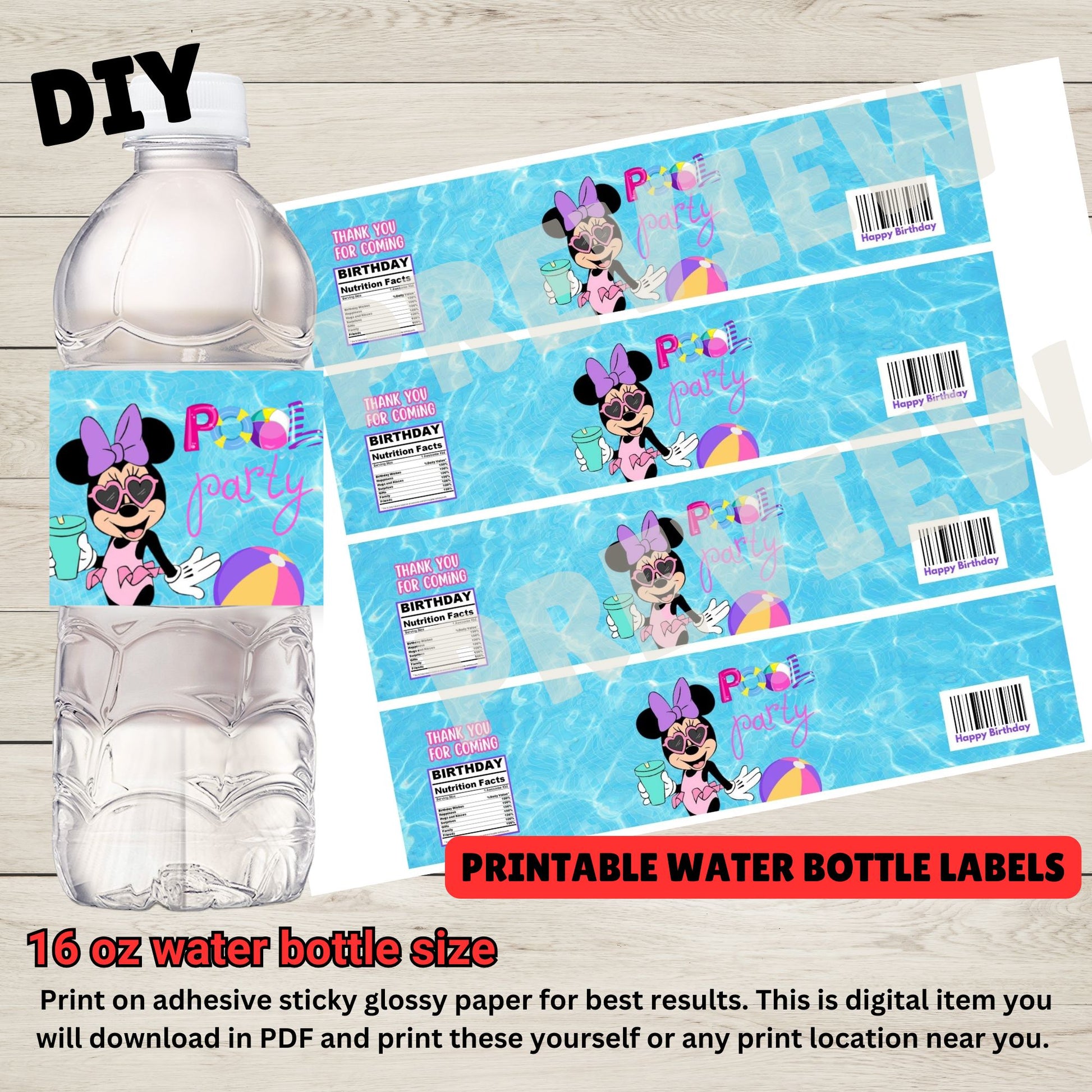 Minnie Mouse Birthday Water Bottle Labels- Printable Minnie Mouse Water Bottle Wrappers 