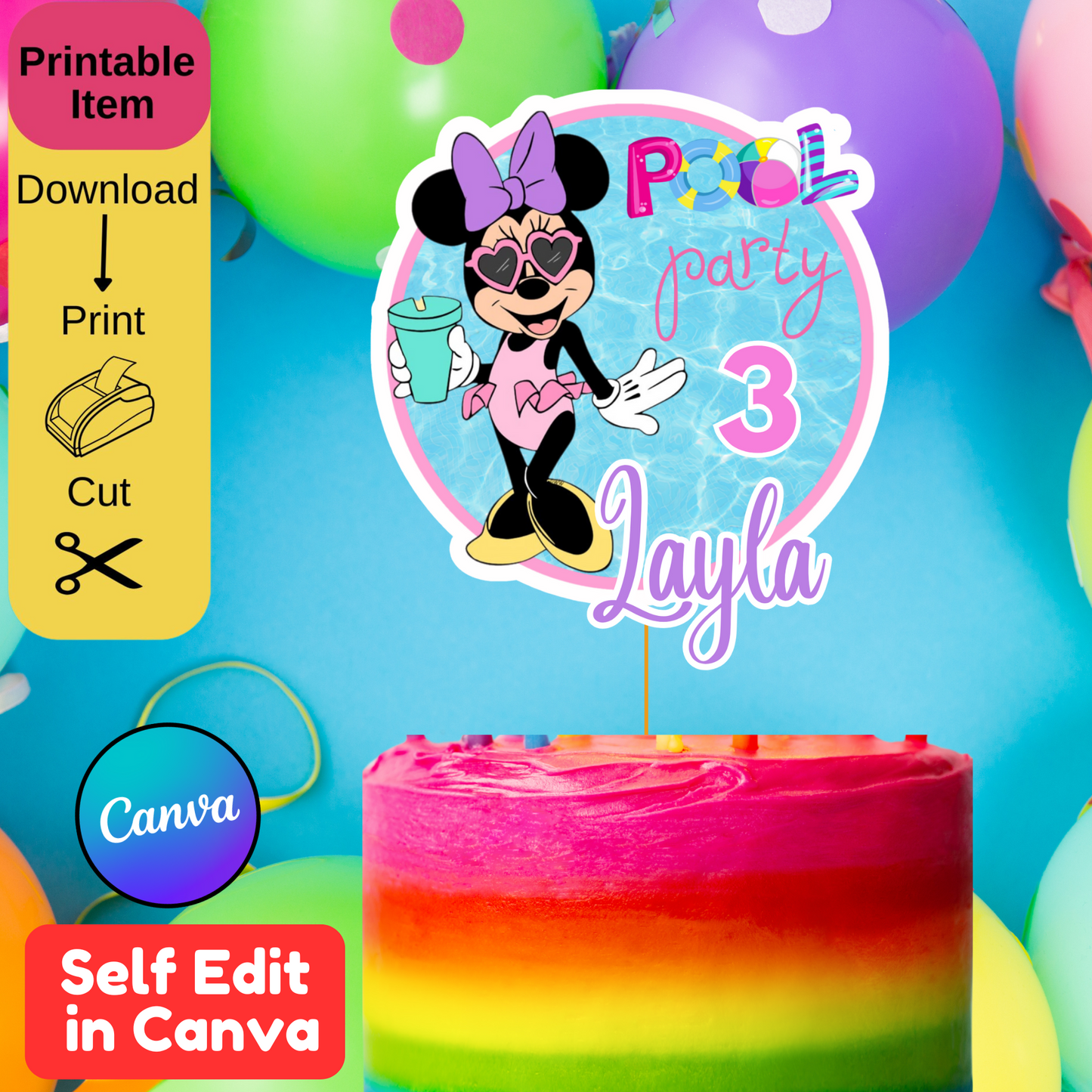 Minnie Mouse Pool Party Cake Topper Template - Minnie Mouse Cake Topper Printable 