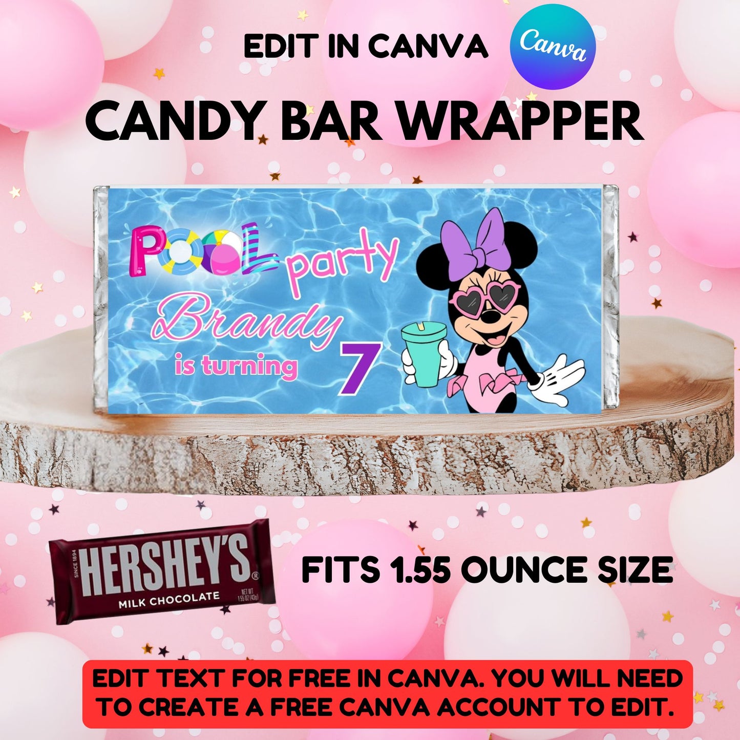 Minnie Mouse Pool Party Candy Bar Wrapper Template - Editable Minnie Mouse Candy Bar Wrapper 