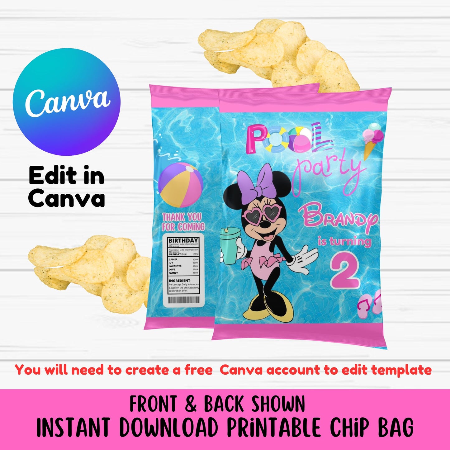 Minnie Mouse Birthday Chip Bag Template - Editable Minnie Mouse Chip Bags 