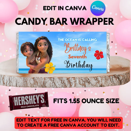 Moana Birthday Candy Bar Wrapper Template - Printable Moana Candy Bar Favors Editable in Canva