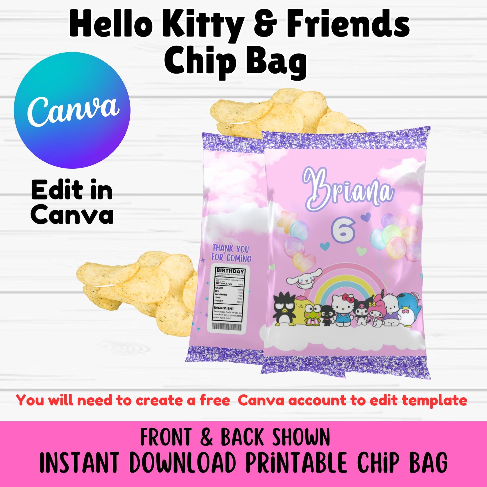 Hello Kitty & Friends Chip Bag Template- Printable Hello Kitty Chip Bags Editable in Canva