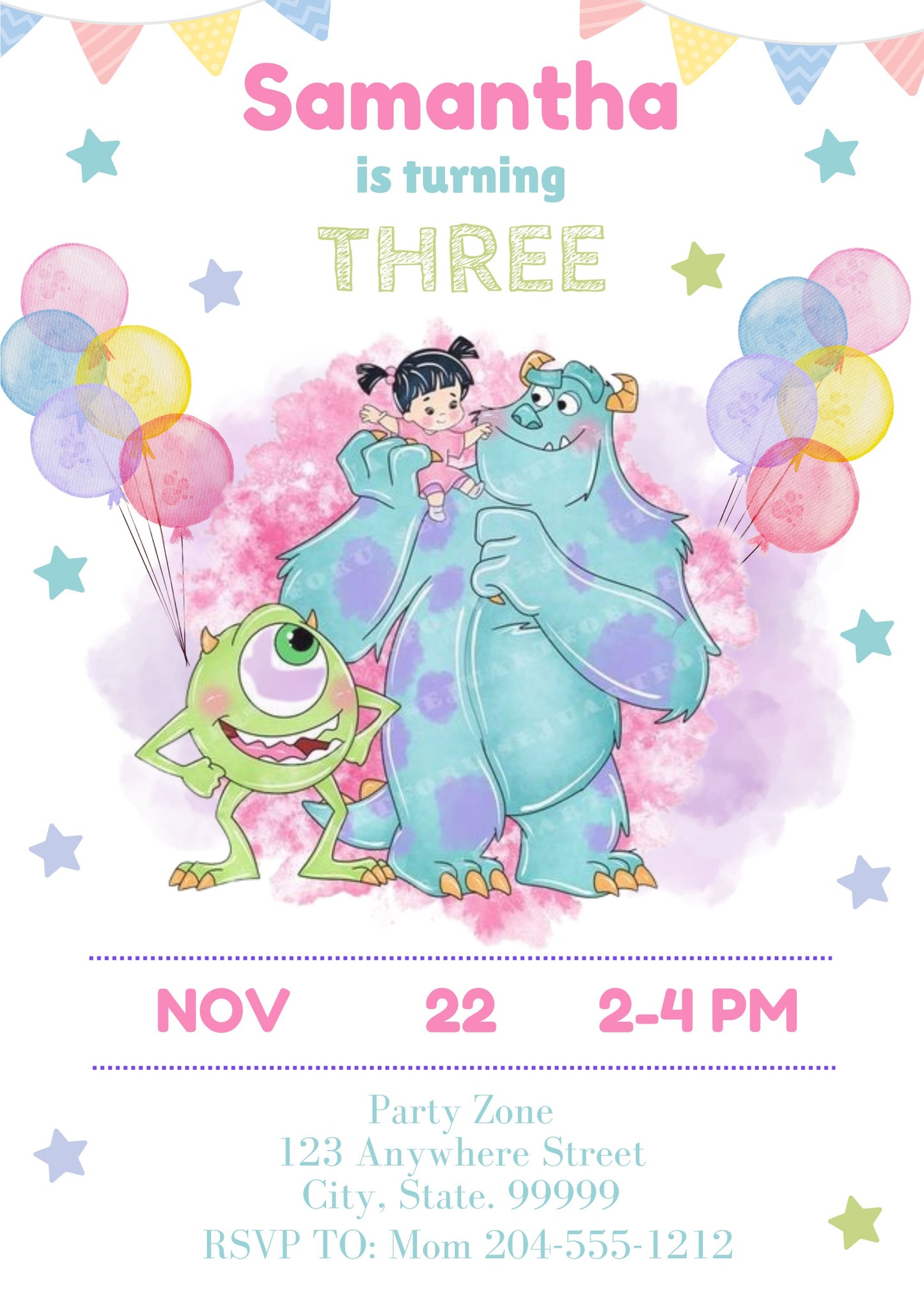cute pastel monsters inc girl birthday invite  