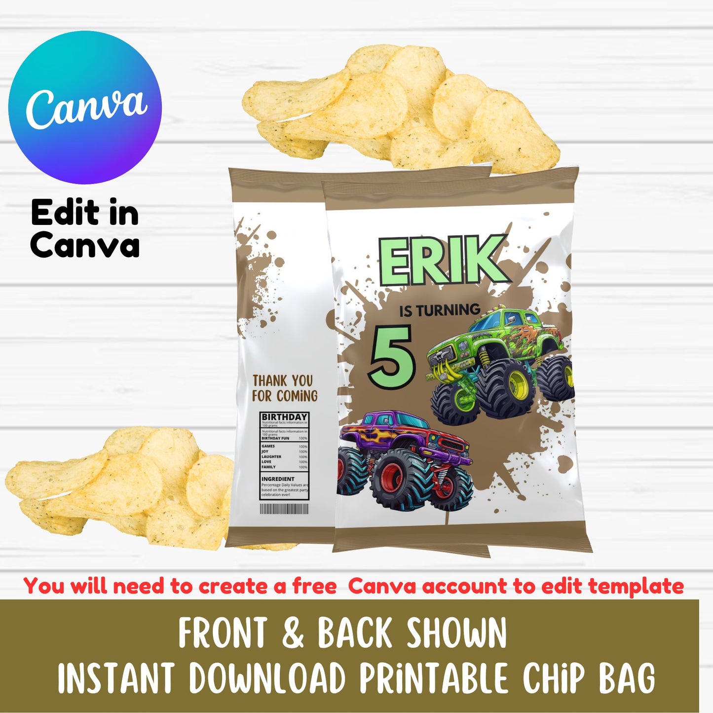 monster truck party chip bags 