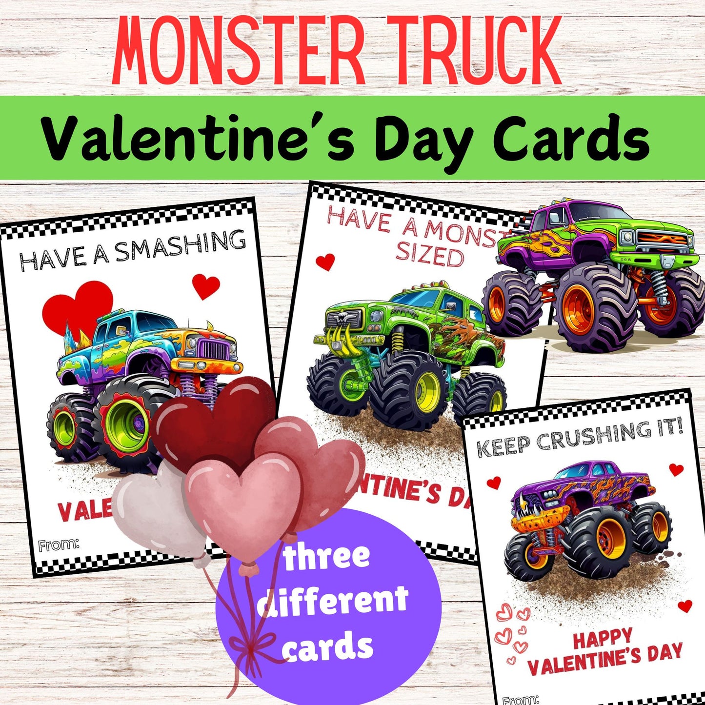 Monster Truck Valentine's Day Cards for Kids - Printable Monster Truck Valentine's Day Card