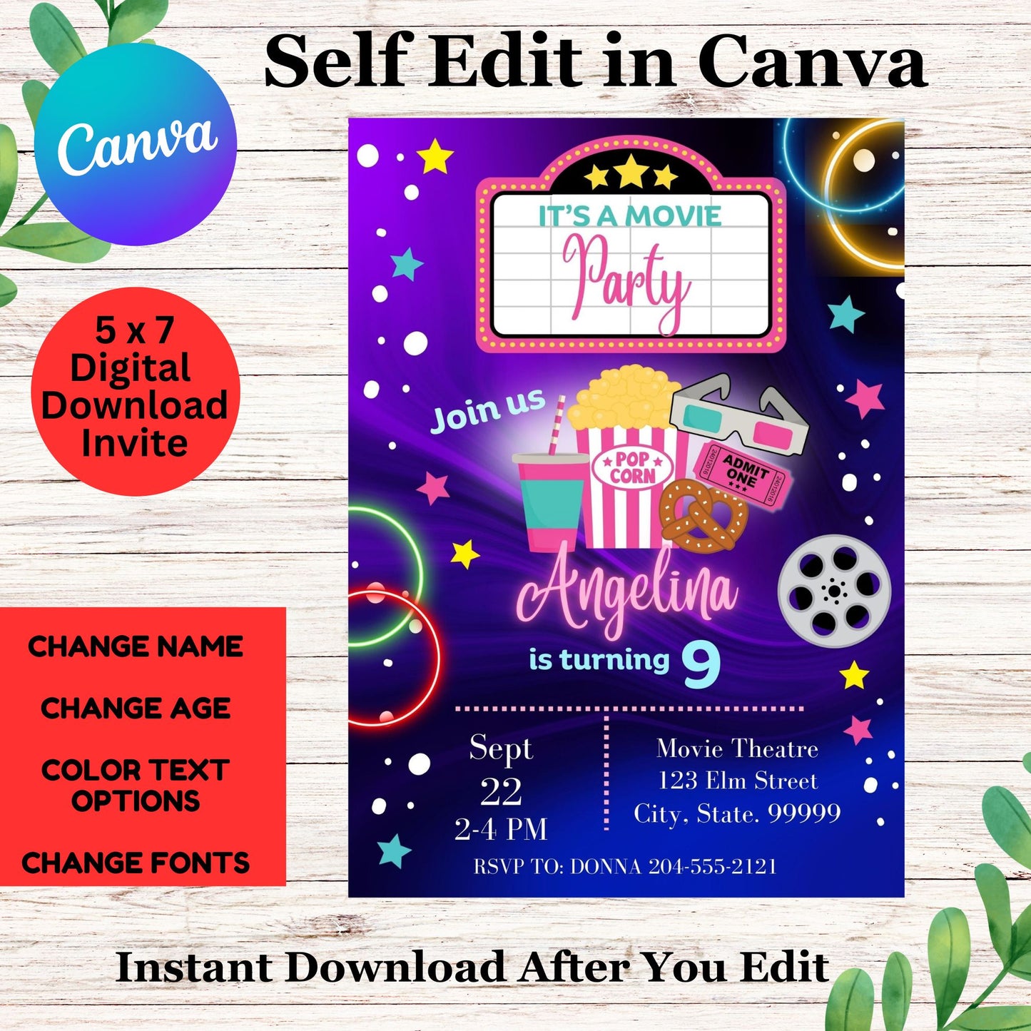 Movie Night Birthday Invitation for Girl - Printable Movie Night Invite Template