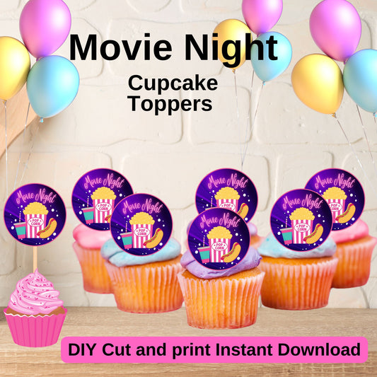 Movie Night Pink Cupcake Toppers - Cute Girly Movie Night Cupcake Topper - Printable 