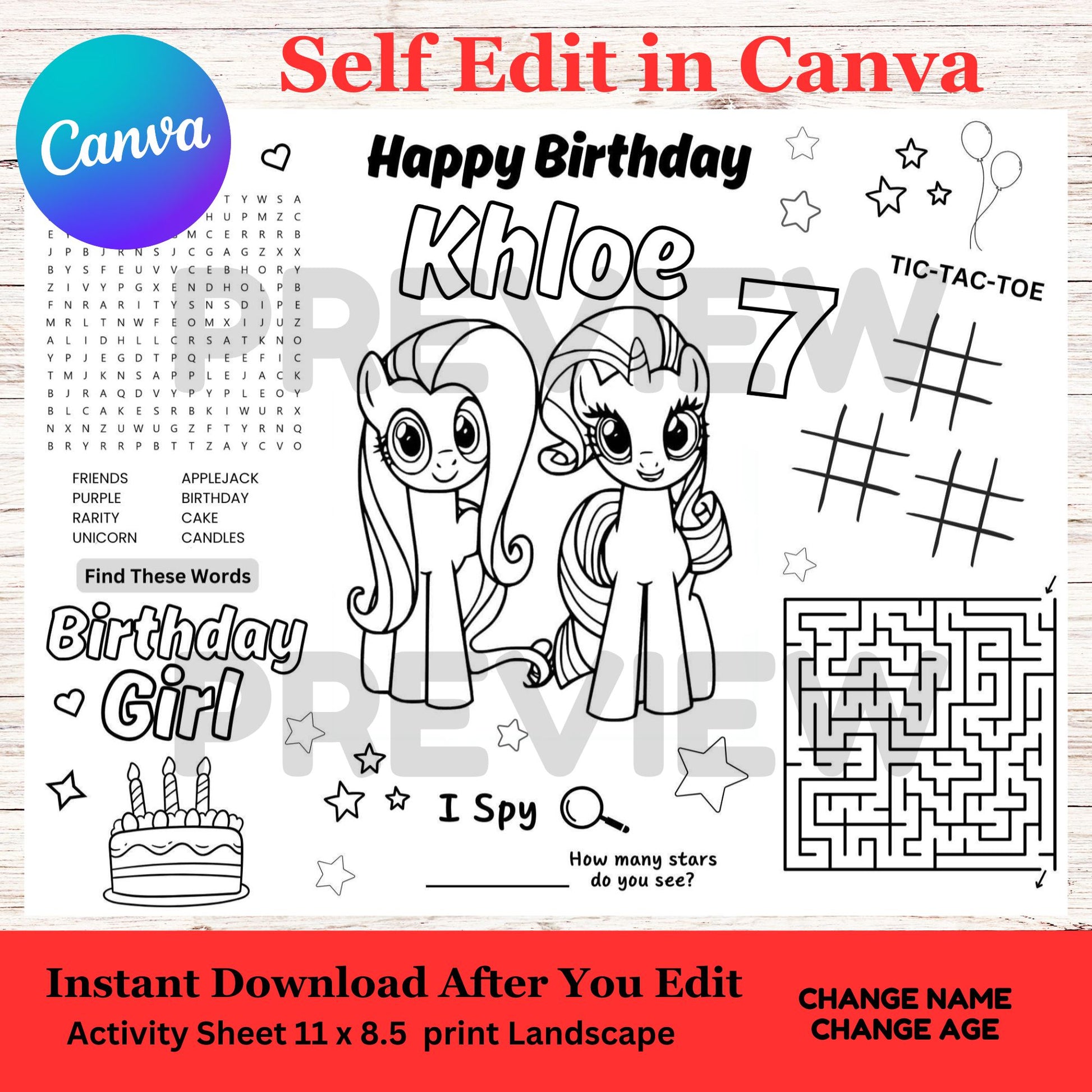 My Little Pony Birthday Activity Sheet Placemat Template - Instant Download Edit in Canva