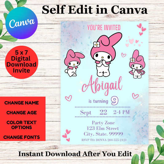 Melody Birthday Invitation - Cute Bunny Hello Kitty Birthday Party Invitation Template  