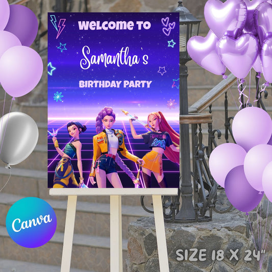 Editable K-Pop Demon Hunters Welcome Sign Template | Printable Huntrix Fan Party Decor | Personalized Anime Birthday Poster | Instant Download