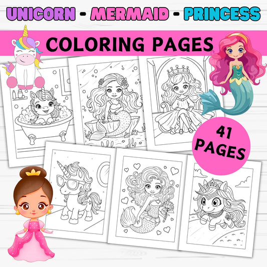 Unicorn-Mermaid-Princess Coloring Pages- Instant Download  