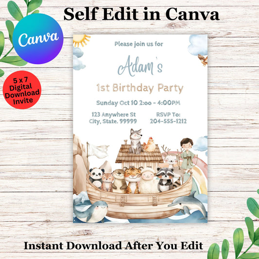 Noah's Ark Birthday Invitation Template - Editable Noah's Ark Birthday Invite in Canva