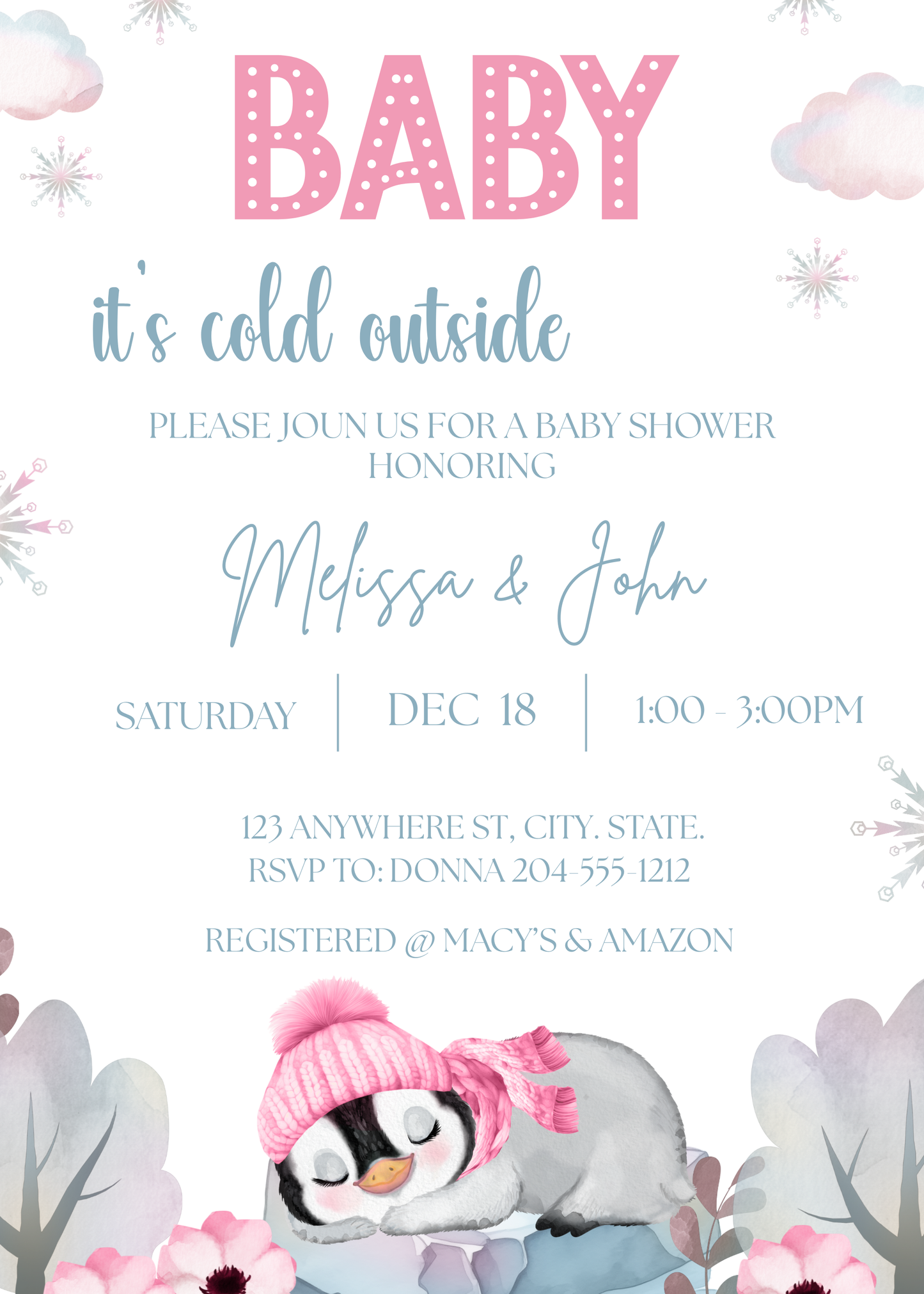winter, pink, penguin, baby shower, invitation, template,