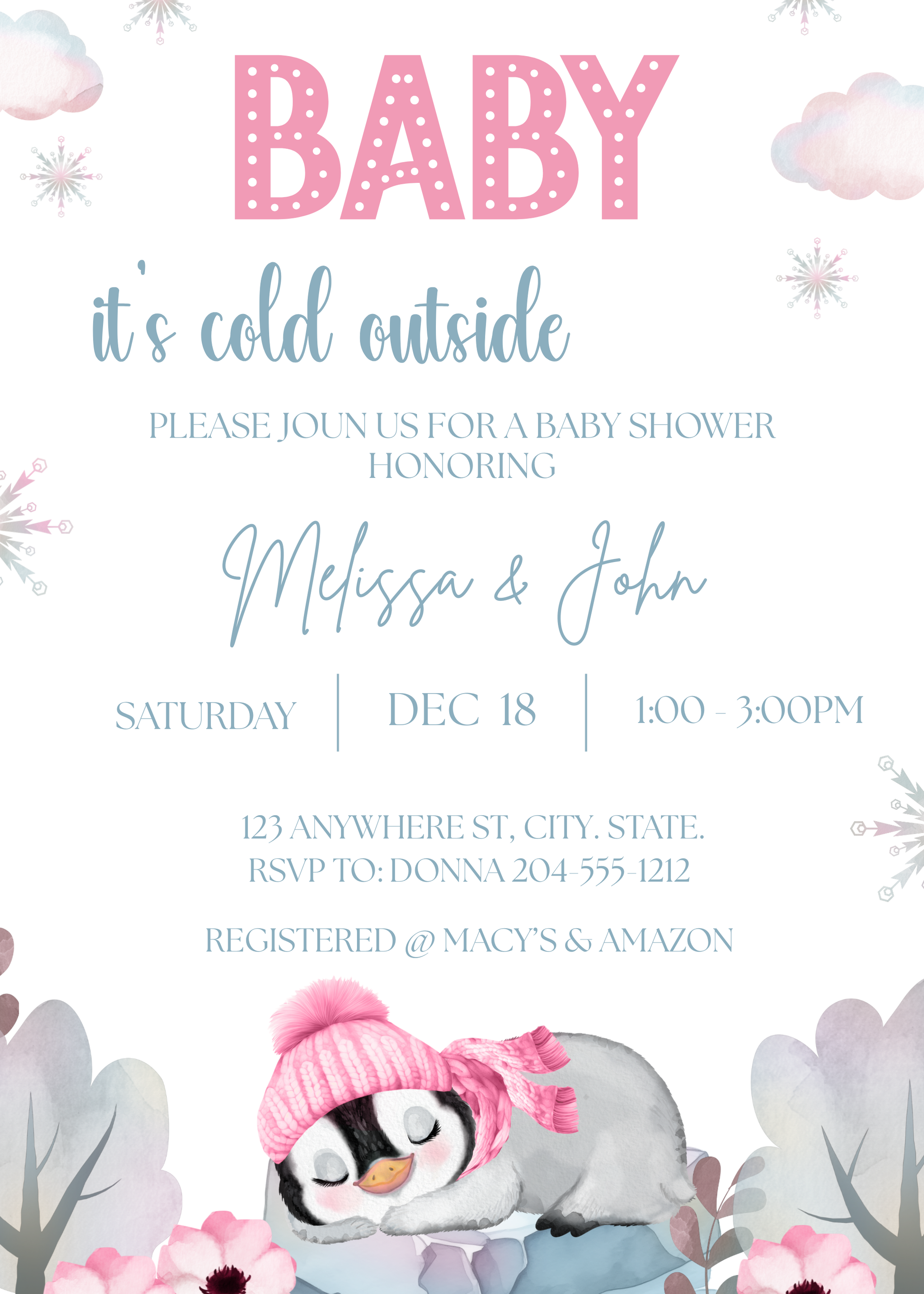winter, pink, penguin, baby shower, invitation, template,