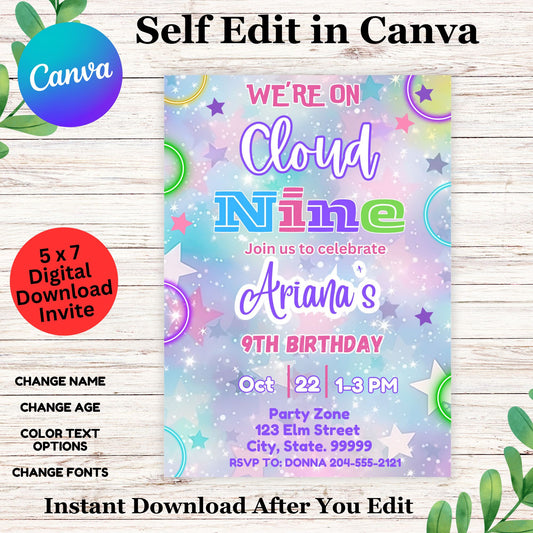 Girls 9th Birthday Neon Invitation Template  - Girls 9th Sparkle Invite Online Printable
