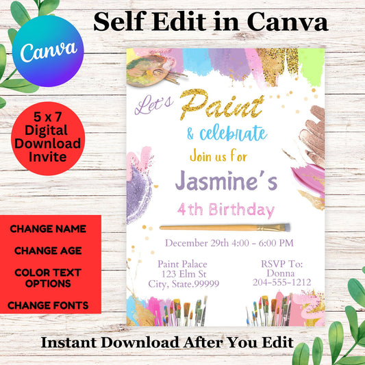 Paint Birthday Party Invitation Template - Cute Paint Girls Party Invitation